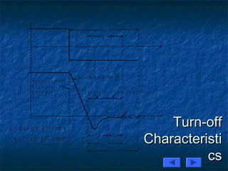 17
Turn-offTurn-off
CharacteristiCharacteristi
cscs
A n o d e c u r r e n t
b e g in s t o
d e c r e a s e
t C
t q
t
t
C o m m u t a t io n
d i
d t
R e c o v e r y R e c o m b i n a t i o n
t 1
t 2 t 3 t 4 t 5
t r r t g r
t q
t c
V A K
I A
t q = d e v i c e o f f t im e
t c = c ir c u it o f f t im e
 