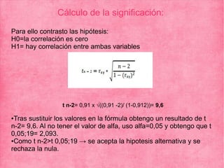 Cálculo de la significación:
Para ello contrasto las hipótesis:
H0=la correlación es cero
H1= hay correlación entre ambas variables
t n-2= 0,91 x √((0,91 -2)/ (1-0,912))= 9,6
●Tras sustituir los valores en la fórmula obtengo un resultado de t
n-2= 9,6. Al no tener el valor de alfa, uso alfa=0,05 y obtengo que t
0,05;19= 2,093.
●Como t n-2>t 0,05;19 → se acepta la hipotesis alternativa y se
rechaza la nula.
 