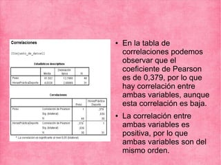 ● En la tabla de
correlaciones podemos
observar que el
coeficiente de Pearson
es de 0,379, por lo que
hay correlación entre
ambas variables, aunque
esta correlación es baja.
● La correlación entre
ambas variables es
positiva, por lo que
ambas variables son del
mismo orden.
 