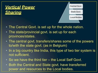 • The Central Govt. is set up for the whole nation.
• The state/provincial govt. is set up for each
provinces/states.
• The central govt. transfers/shares some of the powers
to/with the state govt. (as in Belgium)
• In a big country like India, this type of two tier system is
not sufficient.
• So we have the third tier – the Local Self Govt.
• Both the Central and State govt. have transferred
power and resources to the Local bodies.
Central Govt.
State Govt.
Local Bodies
Vertical Power
Sharing
 