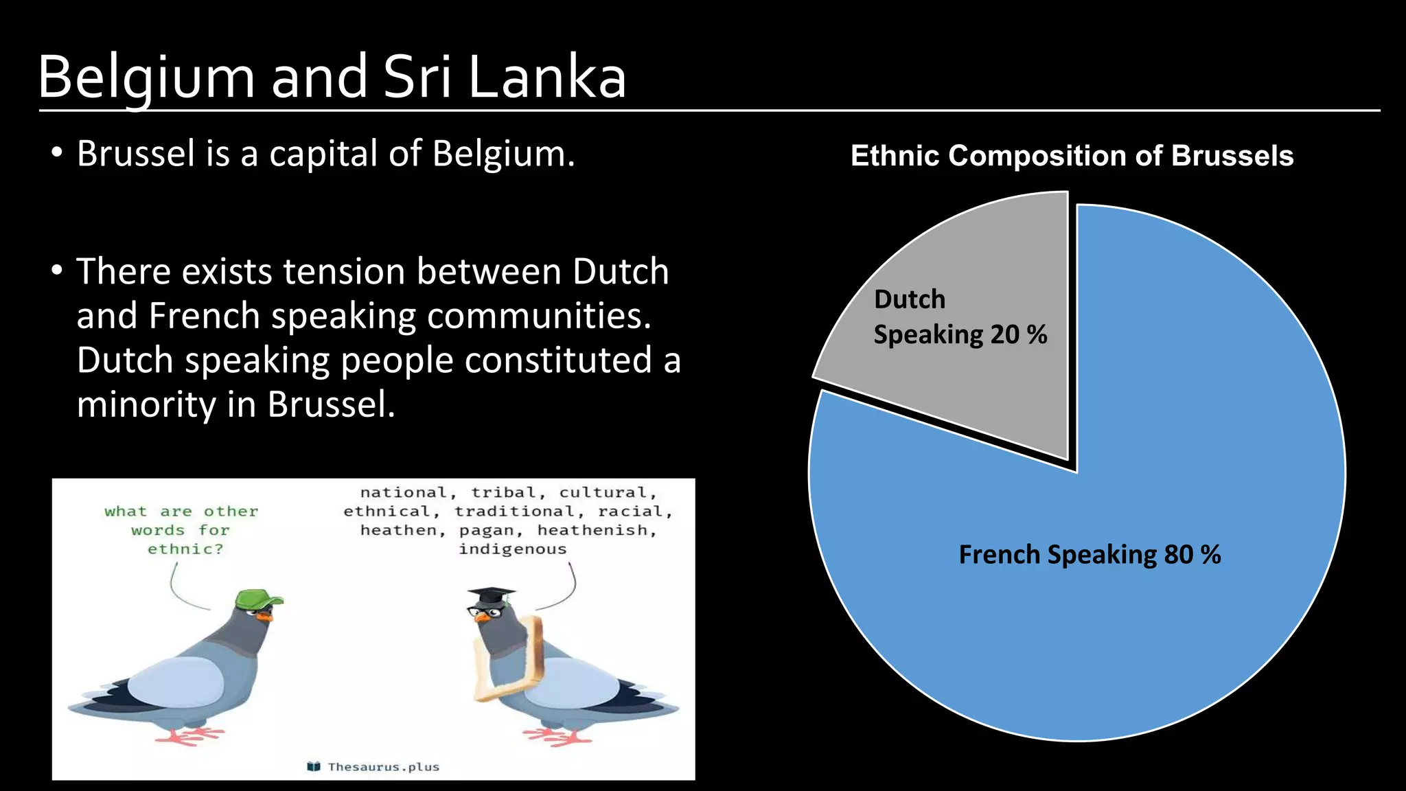 Belgium and Sri Lanka
• Brussel is a capital of Belgium.
• There exists tension between Dutch
and French speaking communities.
Dutch speaking people constituted a
minority in Brussel.
Image by: kailashafoundation.orgImage by: Chethan M
Ethnic Composition of Brussels
French Speaking 80 %
Dutch
Speaking 20 %
 