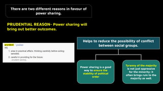 There are two different reasons in favour of
power sharing.
PRUDENTIAL REASON- Power sharing will
bring out better outcomes.
Helps to reduce the possibility of conﬂict
between social groups.
Power sharing is a good
way to ensure the
stability of political
order
Tyranny of the majority
is not just oppressive
for the minority; it
often brings ruin to the
majority as well.
 