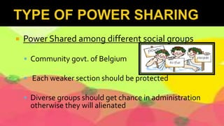 Power Shared among different social groups
 Community govt. of Belgium
 Each weaker section should be protected
 Diverse groups should get chance in administration
otherwise they will alienated
 