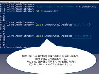 解説：cat (Get-Content) は改行(CRLF)を区切りにして、
1行ずつ読み込み表示している。
そのため、読み込んだテキストの改行(CRLF)は
既に取り除かれているため置換できない。
 