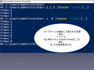 パイプラインを経由して渡された各要
素を、
一つ一つ、
%{} 内のコマンド(echo “times:$_” )に
渡す。
$_ には各要素が入る。
 