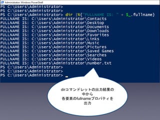 dirコマンドレットの出力結果の
中から
各要素のfullnameプロパティを
出力
 