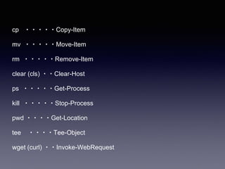 cp ・・・・・Copy-Item
mv ・・・・・Move-Item
rm ・・・・・Remove-Item
clear (cls) ・・Clear-Host
ps ・・・・・Get-Process
kill ・・・・・Stop-Process
pwd ・・・・Get-Location
tee ・・・・Tee-Object
wget (curl) ・・Invoke-WebRequest
 