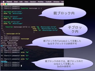 親ブロック内
子ブロッ
ク内
親ブロック内でprivateとして定義した
$pは子ブロックでは参照不可
親ブロックの外では、親ブロック内で
scripとして定義した
$sのみ参照可
 