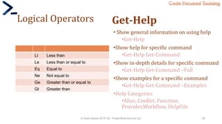 Code Focused Training
Logical Operators
Lt Less than
Le Less than or equal to
Eq Equal to
Ne Not equal to
Ge Greater than or equal to
Gt Greater than
Get-Help
• Show general information on using help
•Get-Help
•Show help for specific command
•Get-Help Get-Command
•Show in-depth details for specific command
•Get-Help Get-Command –Full
•Show examples for a specific command
•Get-Help Get-Command –Examples
•Help Categories
•Alias, Cmdlet, Function,
Provider,Workflow, HelpFile
© Syed Awase 2015-16 - PowerShell Ground Up! 24
 