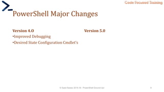 Code Focused Training
PowerShell Major Changes
Version 4.O
•Improved Debugging
•Desired State Configuration Cmdlet’s
Version 5.0
© Syed Awase 2015-16 - PowerShell Ground Up! 9
 