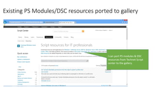 Existing PS Modules/DSC resources ported to gallery
I can port PS modules & DSC
resources from Technet Script
center to the gallery.
 