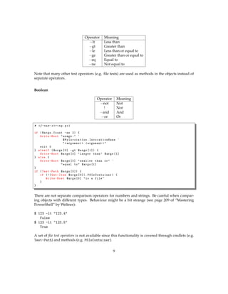 Operator Meaning
−lt Less than
−gt Greater than
−le Less than or equal to
−ge Greater than or equal to
−eq Equal to
−ne Not equal to
Note that many other test operators (e.g. ﬁle tests) are used as methods in the objects instead of
separate operators.
Boolean
Operator Meaning
−not Not
! Not
−and And
−or Or
# if-num-string .ps1
if ($args.Count -ne 2) {
Write-Host "usage:" `
$MyInvocation . InvocationName `
"<argument > <argument >"
exit 0
} elseif ($args [0] -gt $args [1]) {
Write-Host $args [0] "larger than" $args [1]
} else {
Write-Host $args [0] "smaller than or" `
"equal to" $args [1]
}
if (Test-Path $args [0]) {
if (!( Get-Item $args [0]). PSIsContainer ) {
Write-Host $args [0] "is a file"
}
}
There are not separate comparison operators for numbers and strings. Be careful when compar-
ing objects with different types. Behaviour might be a bit strange (see page 209 of ”Mastering
PowerShell” by Weltner):
$ 123 -lt "123.4"
False
$ 123 -lt "123.5"
True
A set of ﬁle test operators is not available since this functionality is covered through cmdlets (e.g.
Test-Path) and methods (e.g. PSIsContainer).
9
 