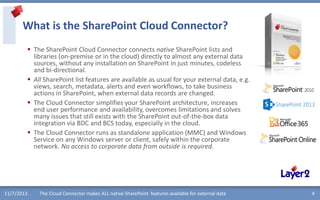 What is the SharePoint Cloud Connector?
 The SharePoint Cloud Connector connects native SharePoint lists and
libraries (on-premise or in the cloud) directly to almost any external data
sources, without any installation on SharePoint in just minutes, codeless
and bi-directional.
 All SharePoint list features are available as usual for your external data, e.g.
views, search, metadata, alerts and even workflows, to take business
actions in SharePoint, when external data records are changed.
 The Cloud Connector simplifies your SharePoint architecture, increases
end user performance and availability, overcomes limitations and solves
many issues that still exists with the SharePoint out-of-the-box data
integration via BDC and BCS today, especially in the cloud.
 The Cloud Connector runs as standalone application (MMC) and Windows
Service on any Windows server or client, safely within the corporate
network. No access to corporate data from outside is required.

11/7/2013

The Cloud Connector makes ALL native SharePoint features available for external data

4

 