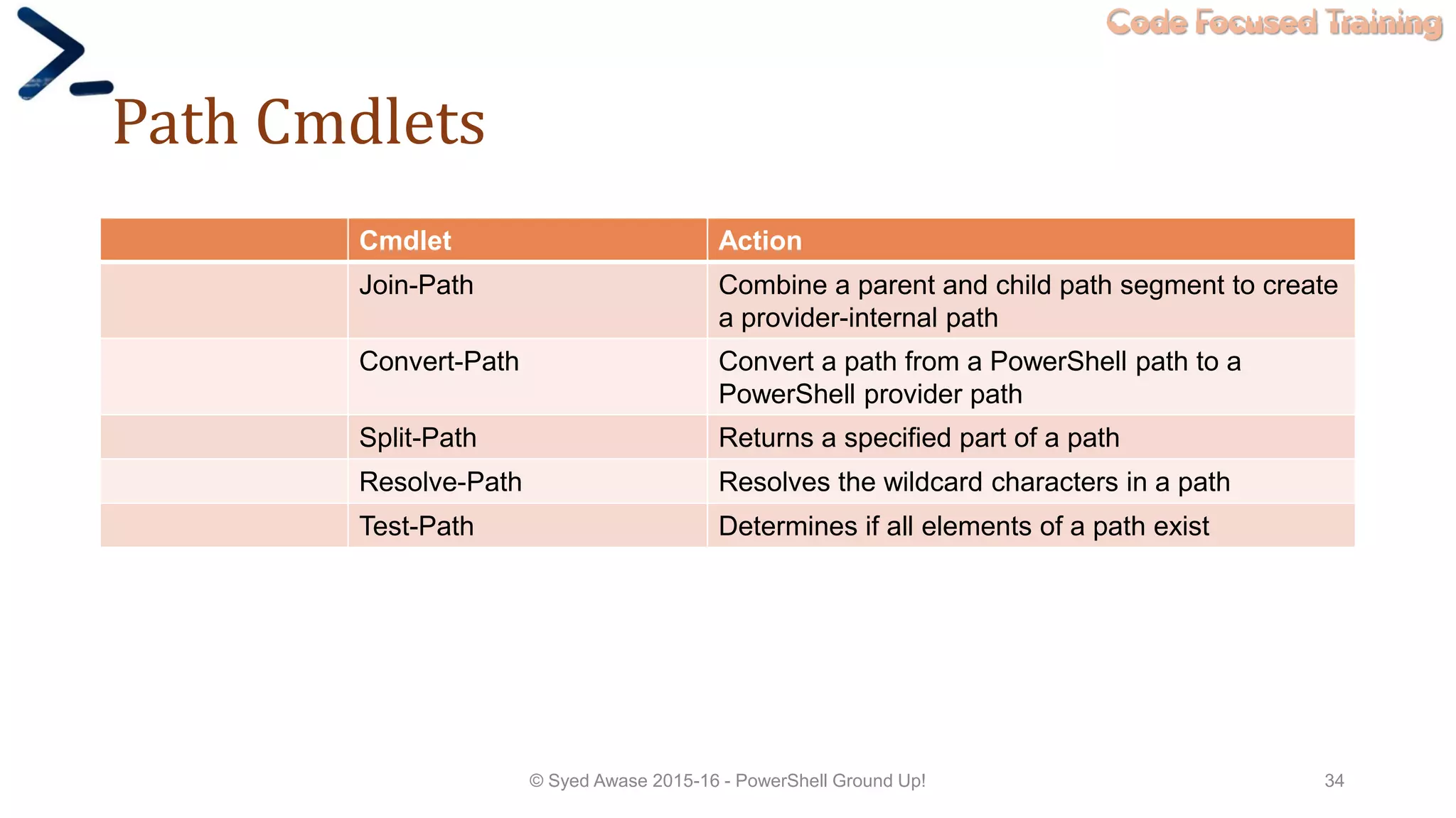 Code Focused Training
Path Cmdlets
Cmdlet Action
Join-Path Combine a parent and child path segment to create
a provider-internal path
Convert-Path Convert a path from a PowerShell path to a
PowerShell provider path
Split-Path Returns a specified part of a path
Resolve-Path Resolves the wildcard characters in a path
Test-Path Determines if all elements of a path exist
© Syed Awase 2015-16 - PowerShell Ground Up! 34
 
