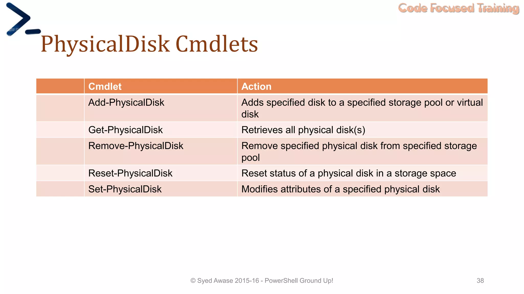 Code Focused Training
PhysicalDisk Cmdlets
Cmdlet Action
Add-PhysicalDisk Adds specified disk to a specified storage pool or virtual
disk
Get-PhysicalDisk Retrieves all physical disk(s)
Remove-PhysicalDisk Remove specified physical disk from specified storage
pool
Reset-PhysicalDisk Reset status of a physical disk in a storage space
Set-PhysicalDisk Modifies attributes of a specified physical disk
© Syed Awase 2015-16 - PowerShell Ground Up! 38
 