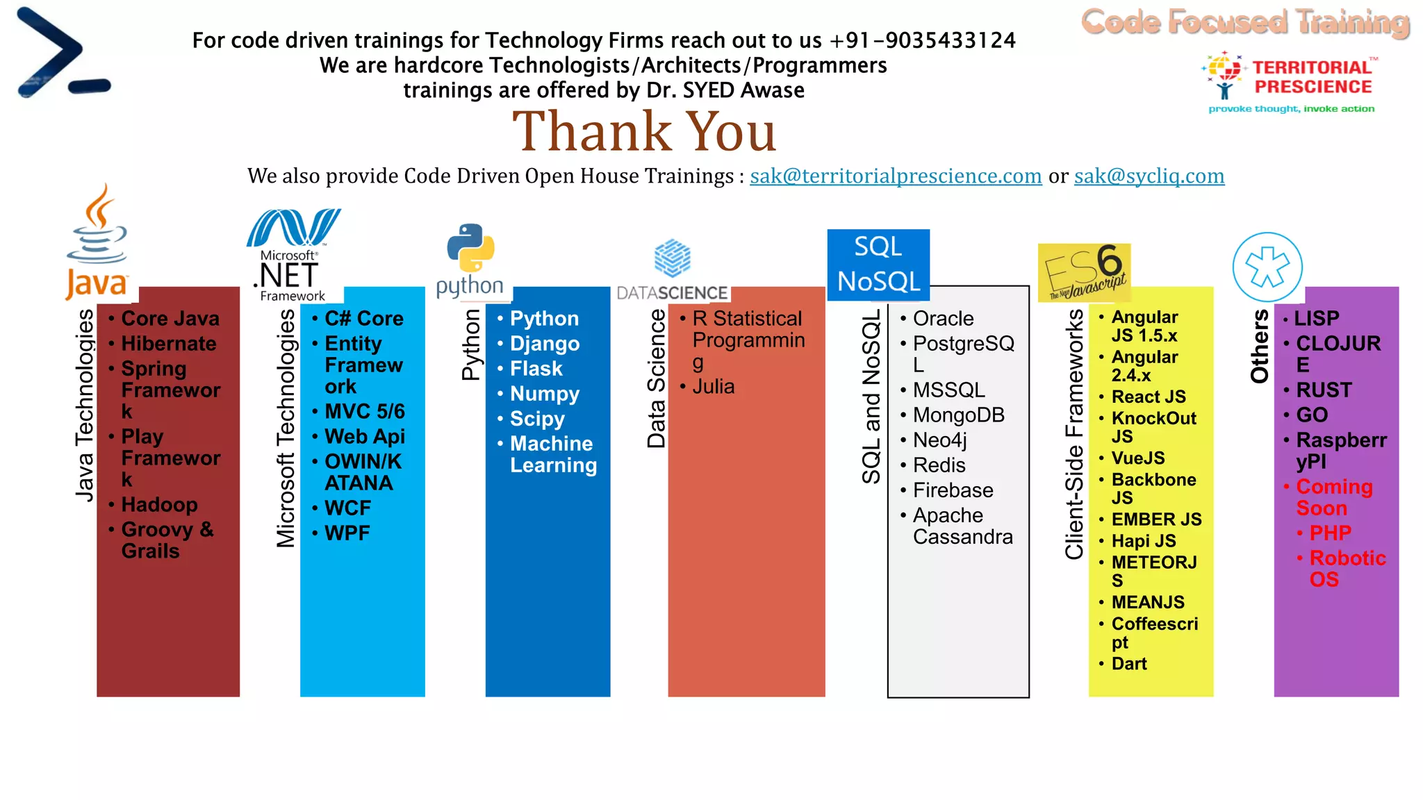 Code Focused Training
JavaTechnologies
• Core Java
• Hibernate
• Spring
Framewor
k
• Play
Framewor
k
• Hadoop
• Groovy &
Grails
MicrosoftTechnologies
• C# Core
• Entity
Framew
ork
• MVC 5/6
• Web Api
• OWIN/K
ATANA
• WCF
• WPF
Python
• Python
• Django
• Flask
• Numpy
• Scipy
• Machine
Learning
DataScience
• R Statistical
Programmin
g
• Julia
SQLandNoSQL
• Oracle
• PostgreSQ
L
• MSSQL
• MongoDB
• Neo4j
• Redis
• Firebase
• Apache
Cassandra
Client-SideFrameworks
• Angular
JS 1.5.x
• Angular
2.4.x
• React JS
• KnockOut
JS
• VueJS
• Backbone
JS
• EMBER JS
• Hapi JS
• METEORJ
S
• MEANJS
• Coffeescri
pt
• Dart
Others
• LISP
• CLOJUR
E
• RUST
• GO
• Raspberr
yPI
• Coming
Soon
• PHP
• Robotic
OS
Thank You
We also provide Code Driven Open House Trainings : sak@territorialprescience.com or sak@sycliq.com
For code driven trainings for Technology Firms reach out to us +91-9035433124
We are hardcore Technologists/Architects/Programmers
trainings are offered by Dr. SYED Awase
 