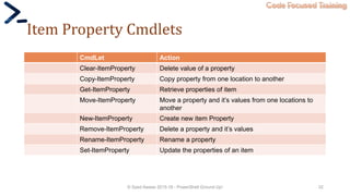 Code Focused Training
Item Property Cmdlets
CmdLet Action
Clear-ItemProperty Delete value of a property
Copy-ItemProperty Copy property from one location to another
Get-ItemProperty Retrieve properties of item
Move-ItemProperty Move a property and it’s values from one locations to
another
New-ItemProperty Create new item Property
Remove-ItemProperty Delete a property and it’s values
Rename-ItemProperty Rename a property
Set-ItemProperty Update the properties of an item
© Syed Awase 2015-16 - PowerShell Ground Up! 32
 