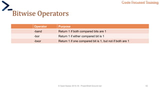 Code Focused Training
Bitwise Operators
Operator Purpose
-band Return 1 if both compared bits are 1
-bor Return 1 if either compared bit is 1
-bxor Return 1 if one compared bit is 1, but not if both are 1
© Syed Awase 2015-16 - PowerShell Ground Up! 52
 