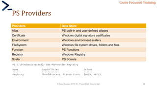 Code Focused Training
PS Providers
Providers Data Store
Alias PS built-in and user-defined aliases
Certificate Windows digital signature certificates
Environment Windows environment scalers
FileSystem Windows file system drives, folders and files
Function PS Functions
Registry Windows Registry
Scaler PS Scalers
© Syed Awase 2015-16 - PowerShell Ground Up! 68
 