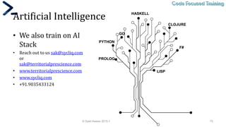Code Focused TrainingCode Focused Training
Artificial Intelligence
• We also train on AI
Stack
• Reach out to us sak@sycliq.com
or
sak@territorialprescience.com
• www.territorialprescience.com
• www.sycliq.com
• +91.9035433124
© Syed Awase 2015-16 - PowerShell Ground Up! 75
LISP
PROLOG
HASKELL
CLOJURE
F#
PYTHON
GO
 