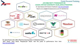 Code Focused TrainingCode Focused Training
JavaScript Frameworks
Code DRIVEN CAPACITY BUILDING PROGRAM
Dr. Syed Awase 2016 Session Feedbacks: http://bit.ly/2hhNg58
Now Offering!
1.X /2.X
Angular
Reach out to sak@territorialprescience.com/+91.9035433124
Dr. Syed Awase also offers Machine learning Stack, R Statistical Stack,
.NET Stack, Java Stack, RaspberryPi Stack. Get the pulse of performance from here
http://bit.ly/2hhNg58
 