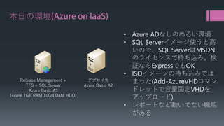 本日の環境(Azure on IaaS) 
デプロイ先 
Azure Basic A2 
Release Management + 
TFS + SQL Server 
Azure Basic A3 
(4core 7GB RAM 10GB Data HDD) 
• 
Azure ADなしのぬるい環境 
• 
SQL Serverイメージ使うと高 いので、SQL ServerはMSDN のライセンスで持ち込み。検 証ならExpressでもOK 
• 
ISOイメージの持ち込みでは まった(Add-AzureVHDコマン ドレットで容量固定VHDを アップロード) 
• 
レポートなど動いてない機能 がある  