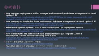 参考資料 
 
How to trigger deployments to Chef managed environments from Release Management 2013 with Update 3 RChttp://blogs.msdn.com/b/visualstudioalm/archive/2014/07/08/how-to-trigger-deployments-to-chef- managed-environment-from-release-management.aspx 
 
How to deploy to Standard or Azure environments in Release Management 2013 with Update 3 RChttp://blogs.msdn.com/b/visualstudioalm/archive/2014/07/07/how-to-deploy-to-standard-or-azure- environments-in-release-management-2013-with-update-3-rc.aspx 
 
Release Management Update 3 CTP1 is now available with DSC Deployment Feature! http://blogs.msdn.com/b/visualstudioalm/archive/2014/05/22/release-management-for-microsoft-visual- studio-2013-with-update-3-ctp1-is-live.aspx 
 
How to modify the TFS 2013 default build process template (GitTemplate.12.xaml & TfvcTemplate.12.xaml) to enable releasing from a buildhttp://blogs.msdn.com/b/visualstudioalm/archive/2013/12/09/how-to-modify-the-build-process- template-to-use-the-option-trigger-release-from-build.aspx 
 
リリース管理を使用したリリースの管理 http://msdn.microsoft.com/ja-jp/library/dn217874.aspx 
 
PowerShell DSCで始めるWindowsインフラストラクチャ自動化の基本 http://www.atmarkit.co.jp/fwin2k/operation/indexpage/index.html#powershelldsc 