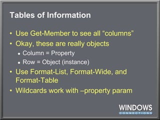 Tables of InformationUse Get-Member to see all “columns”Okay, these are really objectsColumn = PropertyRow = Object (instance)Use Format-List, Format-Wide, and Format-TableWildcards work with –property param
