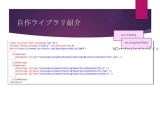 自作ライブラリ紹介
xx.vcxproj
<?xml version="1.0" encoding="utf-8"?>
<Project DefaultTargets="Build" ToolsVersion="12.0"
xmlns="http://schemas.microsoft.com/developer/msbuild/2003">
VC++
・・・
<ItemGroup>
<ClCompile Include="UrasandesuSwatheAutoGenHostingBaseClassBaseHostInfo.cpp" />
・・・
</ItemGroup>
<ItemGroup>
<ClInclude Include="UrasandesuSwatheHostingBaseClassBaseHostInfo.h" />
<ClInclude Include="UrasandesuSwatheHostingBaseClassBaseHostInfo.hpp" />
<ClInclude Include="UrasandesuSwatheHostingBaseClassBaseHostInfoFwd.h" />
・・・
</ItemGroup>
</Project>

xx.vcxproj.filters

プロジェクトファイル

 