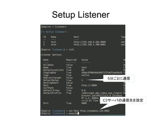 Setup Listener
C2サーバの通信先を設定
5分ごとに通信
 