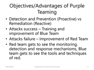 Objectives/Advantages of Purple
Teaming
• Detection and Prevention (Proactive) vs
Remediation (Reactive)
• Attacks success – Training and
improvement of Blue Team
• Attacks failure – Improvement of Red Team
• Red team gets to see the monitoring,
detection and response mechanisms, Blue
team gets to see the tools and techniques
of red.
Nikhil Mittal 8PowerShell for Practical Purple Teaming
 