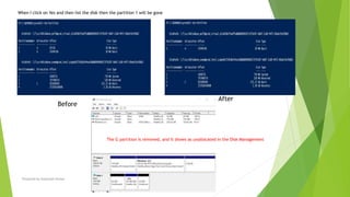 When I click on Yes and then list the disk then the partition 1 will be gone
Before
After
The G partition is removed, and it shows as unallocated in the Disk Management
Prepared by-Kaustubh Kumar
 