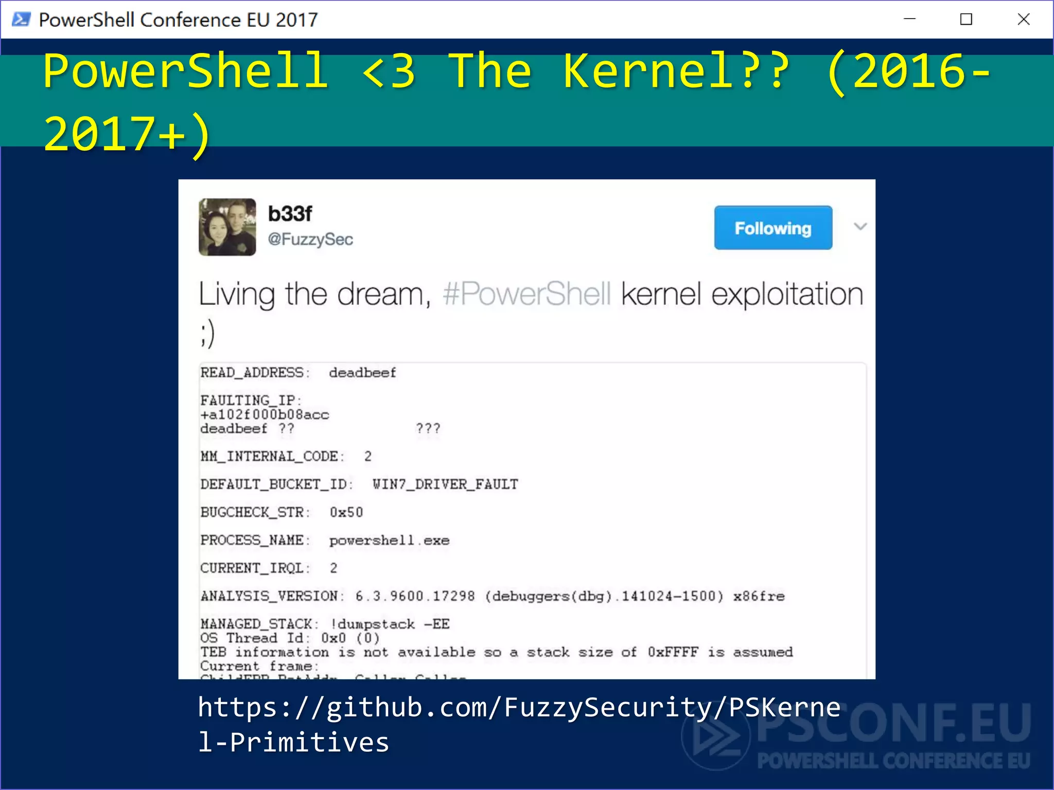 https://github.com/FuzzySecurity/PSKerne
l-Primitives
PowerShell <3 The Kernel?? (2016-
2017+)
 