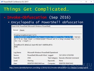 • Invoke-Obfuscation (Sep 2016)
• Encyclopedia of PowerShell obfuscation
methods
Things Get Complicated…
http://www.danielbohannon.com/blog-1/2016/10/1/invoke-obfuscation-v11-release-sunday-oct-9
 