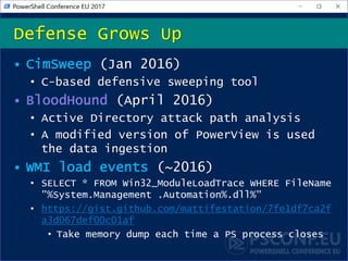 • CimSweep (Jan 2016)
• C-based defensive sweeping tool
• BloodHound (April 2016)
• Active Directory attack path analysis
...