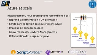 Azure at scale
#PSSATPARIS2019
Historiquement, nous souscriptions ressemblent à ça :
• Reprend la segmentation « On-premises »
• Limité dans la gestion des souscriptions Azure
• Implique de partager l’espace
• Gouvernance dite « Micro-Management »
• Refacturation des usages complexe
Production
subscription
Development
subscription
User
acceptance
subscription
Build
subscription
All teams
Assign role
Assign role
Assign role
Assign role
 