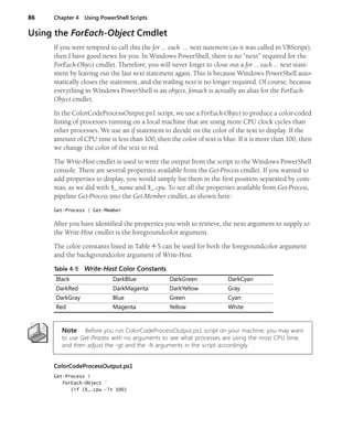 86 Chapter 4 Using PowerShell Scripts
Using the ForEach-Object Cmdlet
If you were tempted to call this the for … each … next statement (as it was called in VBScript),
then I have good news for you. In Windows PowerShell, there is no “next” required for the
ForEach-Object cmdlet. Therefore, you will never forget to close out a for … each … next state-
ment by leaving out the last next statement again. This is because Windows PowerShell auto-
matically closes the statement, and the trailing next is no longer required. Of course, because
everything in Windows PowerShell is an object, foreach is actually an alias for the ForEach-
Object cmdlet.
In the ColorCodeProcessOutput.ps1 script, we use a ForEach-Object to produce a color-coded
listing of processes running on a local machine that are using more CPU clock cycles than
other processes. We use an if statement to decide on the color of the text to display. If the
amount of CPU time is less than 100, then the color of text is blue. If it is more than 100, then
we change the color of the text to red.
The Write-Host cmdlet is used to write the output from the script to the Windows PowerShell
console. There are several properties available from the Get-Process cmdlet. If you wanted to
add properties to display, you would simply list them in the first position separated by com-
mas, as we did with $_.name and $_.cpu. To see all the properties available from Get-Process,
pipeline Get-Process into the Get-Member cmdlet, as shown here:
Get-Process | Get-Member
After you have identified the properties you wish to retrieve, the next argument to supply to
the Write-Host cmdlet is the foregroundcolor argument.
The color constants listed in Table 4-5 can be used for both the foregroundcolor argument
and the backgroundcolor argument of Write-Host.
Note Before you run ColorCodeProcessOutput.ps1 script on your machine, you may want
to use Get-Process with no arguments to see what processes are using the most CPU time,
and then adjust the -gt and the -lt arguments in the script accordingly.
ColorCodeProcessOutput.ps1
Get-Process |
ForEach-Object `
{if ($_.cpu -lt 100)
Table 4-5 Write-Host Color Constants
Black DarkBlue DarkGreen DarkCyan
DarkRed DarkMagenta DarkYellow Gray
DarkGray Blue Green Cyan
Red Magenta Yellow White
 