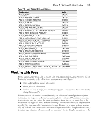 Chapter 7 Working with Active Directory 157
Working with Users
In this section, you will use ADSI to modify User properties stored in Active Directory. The fol-
lowing list summarizes a few of the items you can change or configure:
■ Office and telephone contact information
■ Mailing address information
■ Department, title, manager, and direct reports (people who report to the user inside the
“chain of command”)
User information that is stored in Active Directory can easily replace several pieces of disparate
information in a single swoop. For instance, you might have an internal Web site that contains a
telephone directory; you can put the phone number into Active Directory as an attribute of the
User object. You might also have a Web site containing a social roster that includes employees and
their hobbies; you can put hobby information in Active Directory as a custom attribute. You can
also add to Active Directory information such as an organizational chart. The problem, of course,
is that during a migration, information such as a user’s title is the last thing the harried mind of the
Table 7-3 User Account Control Values
Ads Constant Value
ADS_UF_SCRIPT 0X0001
ADS_UF_ACCOUNTDISABLE 0X0002
ADS_UF_HOMEDIR_REQUIRED 0X0008
ADS_UF_LOCKOUT 0X0010
ADS_UF_PASSWD_NOTREQD 0X0020
ADS_UF_PASSWD_CANT_CHANGE 0X0040
ADS_UF_ENCRYPTED_TEXT_PASSWORD_ALLOWED 0X0080
ADS_UF_TEMP_DUPLICATE_ACCOUNT 0X0100
ADS_UF_NORMAL_ACCOUNT 0X0200
ADS_UF_INTERDOMAIN_TRUST_ACCOUNT 0X0800
ADS_UF_WORKSTATION_TRUST_ACCOUNT 0X1000
ADS_UF_SERVER_TRUST_ACCOUNT 0X2000
ADS_UF_DONT_EXPIRE_PASSWD 0X10000
ADS_UF_MNS_LOGON_ACCOUNT 0X20000
ADS_UF_SMARTCARD_REQUIRED 0X40000
ADS_UF_TRUSTED_FOR_DELEGATION 0X80000
ADS_UF_NOT_DELEGATED 0X100000
ADS_UF_USE_DES_KEY_ONLY 0x200000
ADS_UF_DONT_REQUIRE_PREAUTH 0x400000
ADS_UF_PASSWORD_EXPIRED 0x800000
ADS_UF_TRUSTED_TO_AUTHENTICATE_FOR_DELEGATION 0x1000000
 