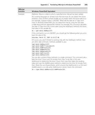 Appendix C Translating VBScript to Windows PowerShell 231
DateAdd Definition: Returns a date to which a specified time interval has been added.
No scripting language (or at least none that we know of) can predict the future.
However, many of them at least enable you to predict when the future will occur.
For example, suppose today is 2/8/2007. What will the date be 37 days from
now? In Windows PowerShell, you can determine that by using the Get-Date
cmdlet along with the appropriate method. For example, this command calculates
the date 37 days from the current date (using the AddDays() method) and stores
that value in the variable $a:
$a = (get-date).AddDays(37)
If this command is run on 2/8/2007, you should get the following when you echo
back the value of $a:
Saturday, March 17, 2007 11:33:27 AM
Of course, you aren’t limited to working only with the AddDays() method. Here
are other date arithmetic methods available to you:
(get-date).AddHours(37)
(get-date).AddMilliseconds(37)
(get-date).AddMinutes(37)
(get-date).AddMonths(37)
(get-date).AddSeconds(37)
(get-date).AddTicks(37)
(get-date).AddYears(37)
You can also combine these methods in a single command. This command calcu-
lates the time 2 hours and 34 minutes from now. To do that, it first uses
AddHours() to determine the time 2 hours from now, then takes the resulting
value and uses the AddMinutes() method to determine the time 34 minutes from
then. (Note the use of parentheses, which ensures that AddHours() is run first and
AddMinutes() is run only when AddHours() is done.) Here’s the command:
$a = ((get-date).AddHours(2)).AddMinutes(34)
VBScript
Function Windows PowerShell Equivalent
 