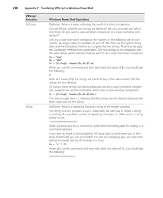 258 Appendix C Translating VBScript to Windows PowerShell
StrComp Definition: Returns a value indicating the result of a string comparison.
Can we tell you whether two strings are identical? We can, provided you tell us
one thing: Do you want a case-sensitive comparison or a case-insensitive com-
parison?
Let’s try a case-insensitive comparison for starters. In the following set of com-
mands, we assign values to variables $a and $b. We then use the System.String
class and the Compare() method to compare the two strings. Note that we pass
the Compare() method three parameters: The two strings to be compared, and
the value $True, which indicates that we want to do a case-insensitive comparison.
$a = "dog"
$b = "DOG"
$c = [String]::Compare($a,$b,$True)
When you run this command and then echo back the value of $c, you should get
the following:
0
Note: A 0 means that the strings are identical. Any other value means that the
strings are not identical.
Of course, these strings are identical because we did a case-insensitive compari-
son. Suppose we use this command, which does a case-sensitive comparison:
$c = [String]::Compare($a,$b,$False)
This time you get back −1, meaning that the strings are not identical (because the
letter cases are not the same).
String Definition: Returns a repeating character string of the length specified.
The String function provides a quick, reasonably fail-safe way to create a string
consisting of a specified number of repeating characters. In other words, a string
similar to this:
"===================="
(Yeah, we know. But this is sometimes useful when formatting data for display in a
command window.)
If you ever do need to string together 20 equal signs or what-have-you in Win-
dows PowerShell, you can accomplish this task by multiplying (yes, we said multi-
plying) an equals sign by 20 (strange, but true):
$a = "=" * 20
When you run this command and then echo back the value of $a, you should get
the following:
====================
VBScript
Function Windows PowerShell Equivalent
 