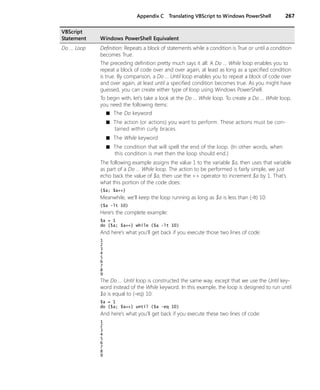 Appendix C Translating VBScript to Windows PowerShell 267
Do ... Loop Definition: Repeats a block of statements while a condition is True or until a condition
becomes True.
The preceding definition pretty much says it all: A Do … While loop enables you to
repeat a block of code over and over again, at least as long as a specified condition
is true. By comparison, a Do … Until loop enables you to repeat a block of code over
and over again, at least until a specified condition becomes true. As you might have
guessed, you can create either type of loop using Windows PowerShell.
To begin with, let’s take a look at the Do … While loop. To create a Do … While loop,
you need the following items:
■ The Do keyword
■ The action (or actions) you want to perform. These actions must be con-
tained within curly braces.
■ The While keyword
■ The condition that will spell the end of the loop. (In other words, when
this condition is met then the loop should end.)
The following example assigns the value 1 to the variable $a, then uses that variable
as part of a Do … While loop. The action to be performed is fairly simple, we just
echo back the value of $a, then use the ++ operator to increment $a by 1. That’s
what this portion of the code does:
{$a; $a++}
Meanwhile, we’ll keep the loop running as long as $a is less than (-lt) 10:
($a -lt 10)
Here’s the complete example:
$a = 1
do {$a; $a++} while ($a -lt 10)
And here’s what you’ll get back if you execute those two lines of code:
1
2
3
4
5
6
7
8
9
The Do … Until loop is constructed the same way, except that we use the Until key-
word instead of the While keyword. In this example, the loop is designed to run until
$a is equal to (-eq) 10:
$a = 1
do {$a; $a++} until ($a -eq 10)
And here’s what you’ll get back if you execute these two lines of code:
1
2
3
4
5
6
7
8
9
VBScript
Statement Windows PowerShell Equivalent
 
