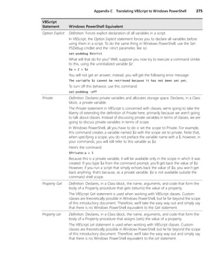 Appendix C Translating VBScript to Windows PowerShell 275
Option Explicit Definition: Forces explicit declaration of all variables in a script.
In VBScript, the Option Explicit statement forces you to declare all variables before
using them in a script. To do the same thing in Windows PowerShell, use the Set-
PSDebug cmdlet and the -strict parameter, like so:
set-psdebug Ðstrict
What will that do for you? Well, suppose you now try to execute a command similar
to this, using the uninitialized variable $z:
$a = 2 + $z
You will not get an answer; instead, you will get the following error message:
The variable $z cannot be retrieved because it has not been set yet.
To turn off this behavior, use this command:
set-psdebug -off
Private Definition: Declares private variables and allocates storage space. Declares, in a Class
block, a private variable.
The Private statement in VBScript is concerned with classes; we’re going to take the
liberty of extending the definition of Private here, primarily because we aren’t going
to talk about classes. Instead of discussing private variables in terms of classes, we are
going to discuss private variables in terms of scope.
In Windows PowerShell, all you have to do is set the scope to Private. For example,
this command creates a variable named $a with the scope set to private. Note that,
when specifying a scope, you do not preface the variable name with a $; however, in
your commands, you will still refer to this variable as $a.
Here’s the command:
$Private:a = 5
Because this is a private variable, it will be available only in the scope in which it was
created. If you type $a from the command prompt, you’ll get back the value of $a.
However, if you run a script that simply echoes back the value of $a, you won’t get
back anything; that’s because, as a private variable, $a is not available outside the
command shell scope.
Property Get Definition: Declares, in a Class block, the name, arguments, and code that form the
body of a Property procedure that gets (returns) the value of a property.
The VBScript Get statement is used when working with VBScript classes. Custom
classes are theoretically possible in Windows PowerShell, but lie far beyond the scope
of this introductory document. Therefore, we’ll take the easy way out and simply say
that there is no Windows PowerShell equivalent to the Get statement.
Property Let Definition: Declares, in a Class block, the name, arguments, and code that form the
body of a Property procedure that assigns (sets) the value of a property.
The VBScript Let statement is used when working with VBScript classes. Custom
classes are theoretically possible in Windows PowerShell, but lie far beyond the scope
of this introductory document. Therefore, we’ll take the easy way out and simply say
that there is no Windows PowerShell equivalent to the Let statement.
VBScript
Statement Windows PowerShell Equivalent
 