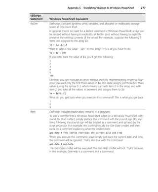 Appendix C Translating VBScript to Windows PowerShell 277
ReDim Definition: Declares dynamic-array variables, and allocates or reallocates storage
space at procedure level.
In general, there’s no need for a ReDim statement in Windows PowerShell; arrays can
be resized without having to explicitly call ReDim (and without having to explicitly
preserve the existing contents of the array). For example, suppose the following 5
items are assigned to the array $a:
$a = 1,2,3,4,5
Want to add a new value—100—to the array? This is all you have to do:
$a = $a + 100
If you echo back the value of $a, you’ll get the following:
1
2
3
4
5
100
Likewise, you can truncate an array without explicitly redimensioning anything. Sup-
pose you want only the first three values in $a. This code assigns just those first three
values (using the syntax 0..2, which means start with item 0 in the array, end with
item 2, and take all the values in between) and assigns them to $a:
$a = $a[0..2]
What do you get back when you execute this command? This is what you get back:
1
2
3
Rem Definition: Includes explanatory remarks in a program.
To add a comment to a Windows PowerShell script (or a Windows PowerShell com-
mand, for that matter), simply preface that comment with the pound sign (#); any-
thing following the pound sign will be treated as a comment and ignored by the
script processor. For example, this command calls the Get-Date cmdlet and then
tacks on a comment explaining what the cmdlet does:
get-date # This Cmdlet retrieves the current date and time
When you execute this command, you’ll simply get back the current date and time;
the comment will be ignored. That’s also true with this command:
get-date # get-help
The Get-Date cmdlet will be executed; the Get-Help cmdlet will not. That’s because,
in this example, Get-Help is a comment, not a command.
VBScript
Statement Windows PowerShell Equivalent
 