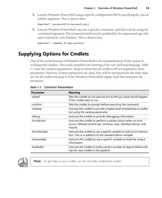Chapter 1 Overview of Windows PowerShell 13
3. Launch Windows PowerShell using a specific configuration file by specifying the -pscon-
solefile argument. This is shown here:
PowerShell -psconsolefile myconsole.psc1
4. Launch Windows PowerShell, execute a specific command, and then exit by using the
-command argument. The command itself must be prefixed by the ampersand sign (&)
and enclosed in curly brackets. This is shown here:
powershell -command "& {get-process}"
Supplying Options for Cmdlets
One of the useful features of Windows PowerShell is the standardization of the syntax in
working with cmdlets. This vastly simplifies the learning of the new shell and language. Table
1-1 lists the common parameters. Keep in mind that all cmdlets will not implement these
parameters. However, if these parameters are used, they will be interpreted in the same man-
ner for all cmdlets because it is the Windows PowerShell engine itself that interprets the
parameter.
Note To get help on any cmdlet, use the Get-Help cmdletname cmdlet.
Table 1-1 Common Parameters
Parameter Meaning
-whatif Tells the cmdlet to not execute but to tell you what would happen
if the cmdlet were to run
-confirm Tells the cmdlet to prompt before executing the command
-verbose Instructs the cmdlet to provide a higher level of detail than a cmdlet
not using the verbose parameter
-debug Instructs the cmdlet to provide debugging information
-ErrorAction Instructs the cmdlet to perform a certain action when an error
occurs. Allowed actions are: continue, stop, silentlyContinue, and
inquire.
-ErrorVariable Instructs the cmdlet to use a specific variable to hold error informa-
tion. This is in addition to the standard $error variable.
-Outvariable Instructs the cmdlet to use a specific variable to hold the output
information
-OutBuffer Instructs the cmdlet to hold a certain number of objects before call-
ing the next cmdlet in the pipeline
 