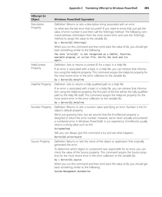 Appendix C Translating VBScript to Windows PowerShell 281
VBScript Err
Object Windows PowerShell Equivalent
Description
Property
Definition: Returns or sets a descriptive string associated with an error.
So what was the last error that occurred? If you need to know that, just get the
value of error number 0 and then call the ToString() method. The following com-
mand retrieves information from the most recent error and uses the ToString()
method to assign the value to the variable $a:
$a = $error[0].ToString()
When you run this command and then echo back the value of $a, you should get
back something similar to the following:
The term 'error[0]' is not recognized as a Cmdlet, function,
operable program, or script file. Verify the term and try
again.
HelpContext
Property
Definition: Sets or returns a context ID for a topic in a Help file.
If an error is associated with a topic in a Help file, you can retrieve that informa-
tion using the HelpLink property. This command assigns the HelpLink property for
the most recent error in the error collection to the variable $a:
$a = $error[0].helplink
HelpFile Property Definition: Sets or returns a fully qualified path to a Help file.
If an error is associated with a topic in a Help file, you can retrieve that informa-
tion using the HelpLink property; the first part of the link will be the fully qualified
path to the Help file itself. This command assigns the HelpLink property for the
most recent error in the error collection to the variable $a:
$a = $error[0].helplink
Number Property Definition: Returns or sets a numeric value specifying an error. Number is the Err
object's default property.
We’re just guessing here, but we assume that the ErrorRecord property is
designed to return the error number. However, we’ve never actually encountered
a numbered error in Windows PowerShell; in our experience, ErrorRecord usually
returns a string value such as this:
ScriptHalted
Still, you can always give this command a try and see what happens:
$error[0].errorrecord
Source Property Definition: Returns or sets the name of the object or application that originally
generated the error.
To determine which object or component was responsible for an error, you can
check the value of the Source property. This command assigns the Source prop-
erty for the most recent error in the error collection to the variable $a:
$a = $error[0].source
When you run this command and then echo back the value of $a, you should get
back something similar to the following:
System.Management.Automation
 