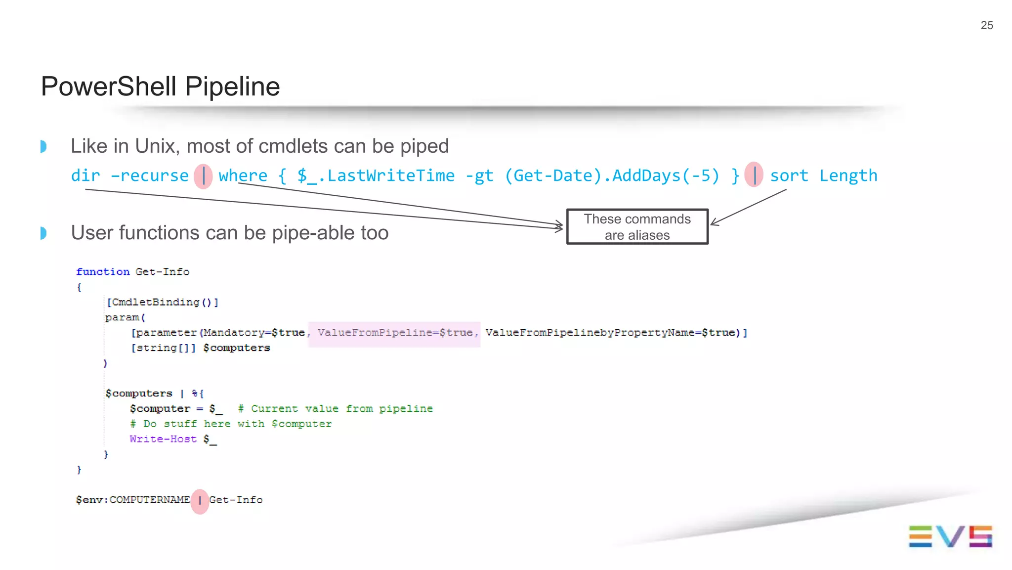 Like in Unix, most of cmdlets can be piped
dir –recurse | where { $_.LastWriteTime -gt (Get-Date).AddDays(-5) } | sort Length
User functions can be pipe-able too
25
PowerShell Pipeline
These commands
are aliases
 