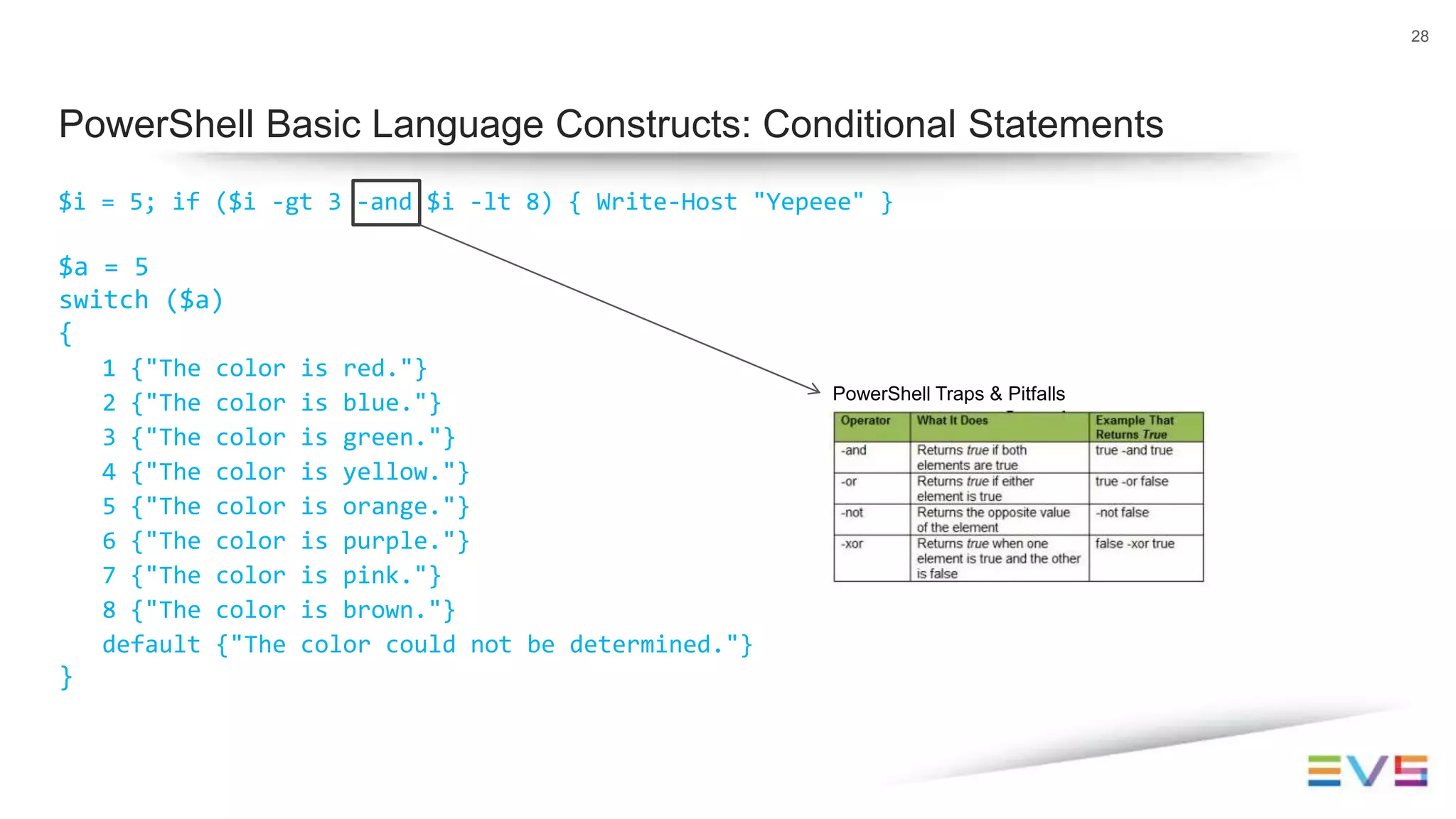 $i = 5; if ($i -gt 3 -and $i -lt 8) { Write-Host "Yepeee" }
$a = 5
switch ($a)
{
1 {"The color is red."}
2 {"The color is blue."}
3 {"The color is green."}
4 {"The color is yellow."}
5 {"The color is orange."}
6 {"The color is purple."}
7 {"The color is pink."}
8 {"The color is brown."}
default {"The color could not be determined."}
}
28
PowerShell Basic Language Constructs: Conditional Statements
PowerShell Traps & Pitfalls
 