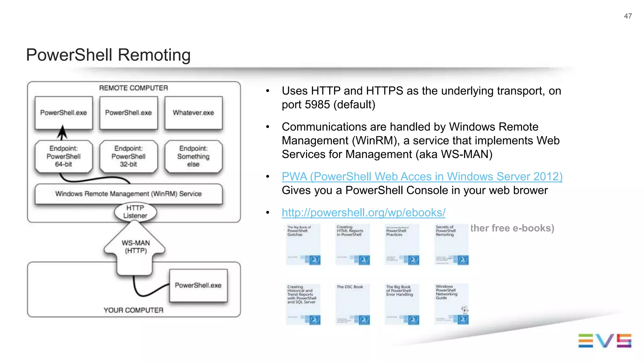 47
PowerShell Remoting
• Uses HTTP and HTTPS as the underlying transport, on
port 5985 (default)
• Communications are handled by Windows Remote
Management (WinRM), a service that implements Web
Services for Management (aka WS-MAN)
• PWA (PowerShell Web Acces in Windows Server 2012)
Gives you a PowerShell Console in your web brower
• http://powershell.org/wp/ebooks/
Secrets of PowerShell Remoting (and other free e-books)
 