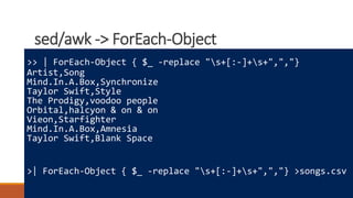 sed/awk -> ForEach-Object
Where to learn more
How powershell is different
Really cool tricks
>> | ForEach-Object { $_ -replace "s+[:-]+s+",","}
Artist,Song
Mind.In.A.Box,Synchronize
Taylor Swift,Style
The Prodigy,voodoo people
Orbital,halcyon & on & on
Vieon,Starfighter
Mind.In.A.Box,Amnesia
Taylor Swift,Blank Space
>| ForEach-Object { $_ -replace "s+[:-]+s+",","} >songs.csv
 